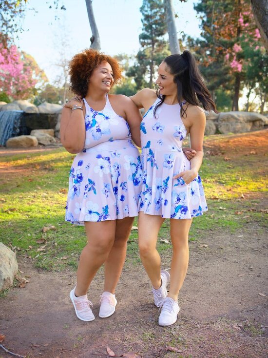 POPFLEX Dresses & Skirts - POPFLEX Pink Floral Halter Skater Dress with Blue Floral Accents